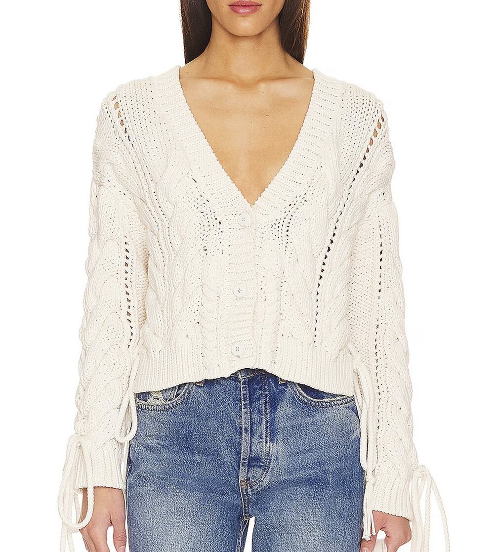 Hayley Menzies Ecru Cable Knit Lace Up V Neck Cardigan Sweater Ivory XS